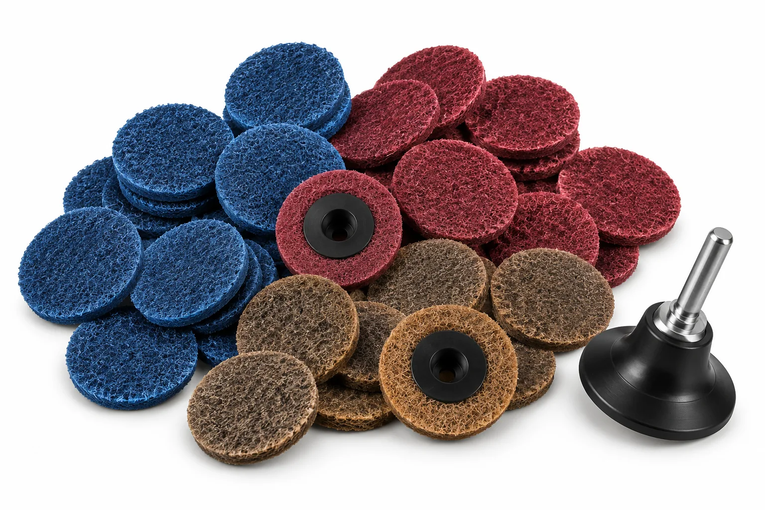 AI-generated representative white-background illustration of a 2-inch roll lock disc assortment and holder; not the actual used contents.