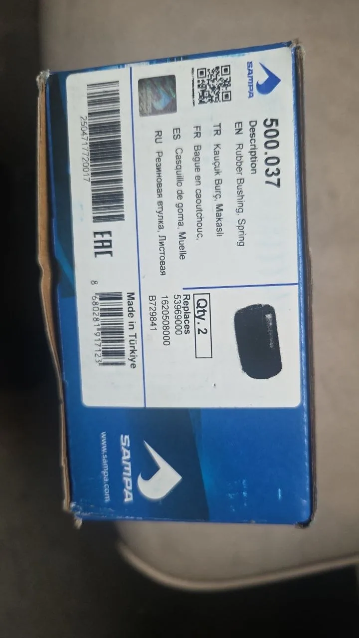 Image 5: Shop-supplied photograph of a SAMPA 500.037 package label showing Rubber Bushing, Spring and Qty. 2. Actual used parts are not shown.