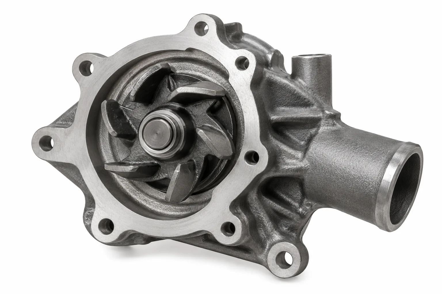 Image 2: AI-generated generic water pump illustration, impeller three-quarter view; not the actual used Volvo VNL pump.