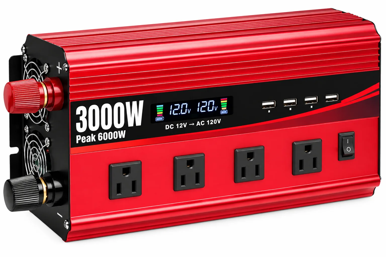 AI-generated illustration of a red 3000W inverter based on the supplied store reference. This is not a photo of the exact unit; brand, layout and accessories are unverified.