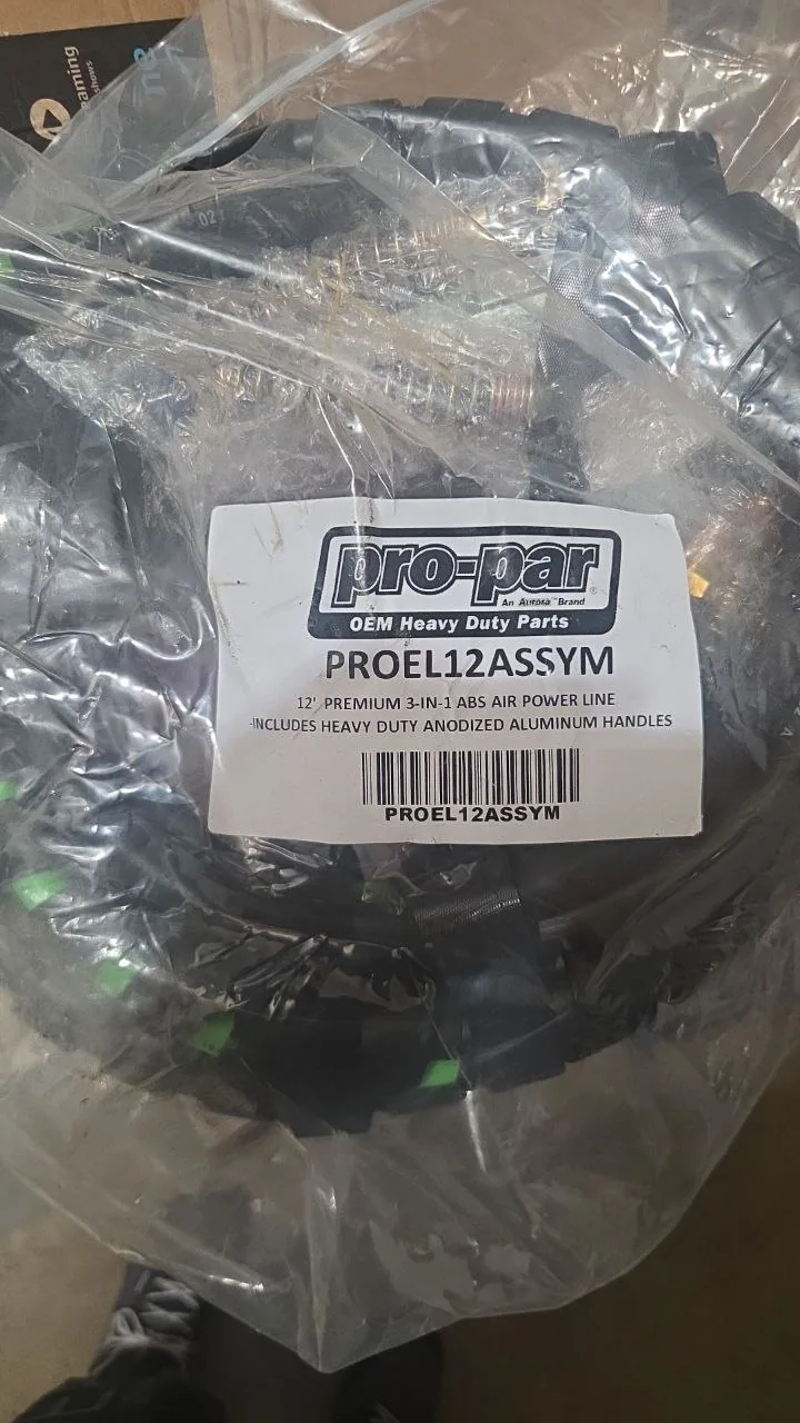 Original shop-supplied photo of packaged Pro-Par PROEL12ASSYM 12 ft 3-in-1 ABS air and power line; condition and included hardware require inspection.