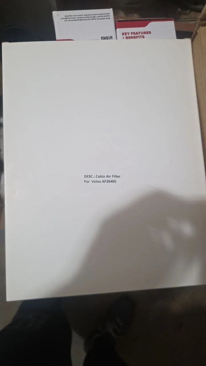 Original photo of white box labeled Cabin Air Filter For Volvo AF26405; filter itself not shown
