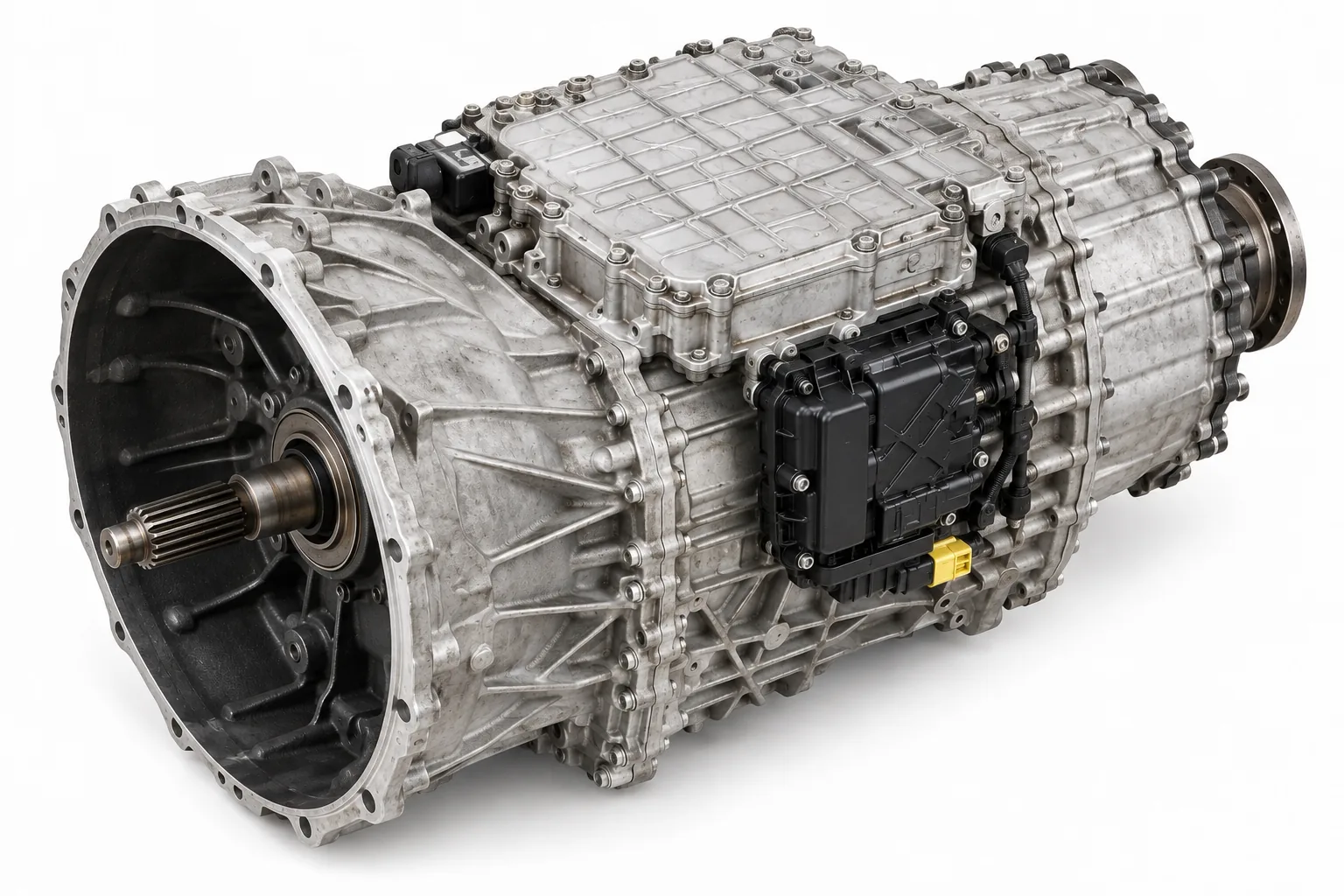 Image 4: AI-generated illustration of an ATO2612F-style transmission, elevated view on white; not the actual used unit.