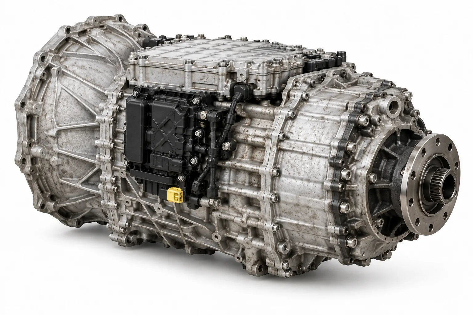 Image 3: AI-generated illustration of an ATO2612F-style transmission, rear view on white; not the actual used unit.