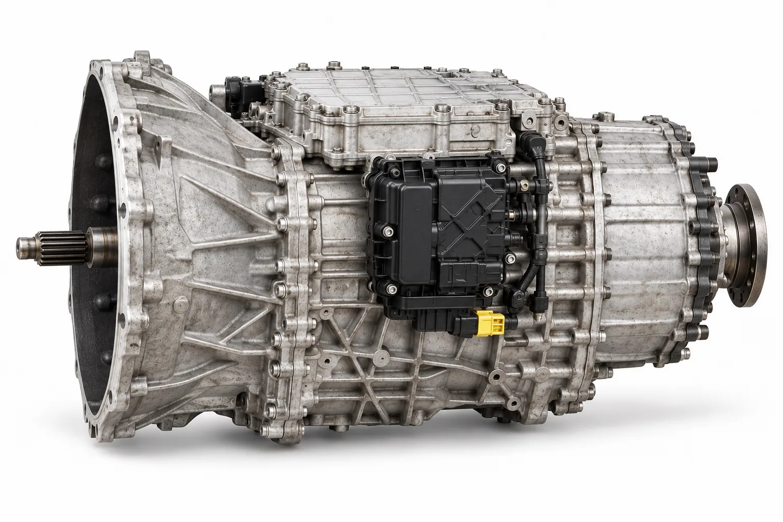 Image 2: AI-generated illustration of an ATO2612F-style transmission, side profile on white; not the actual used unit.