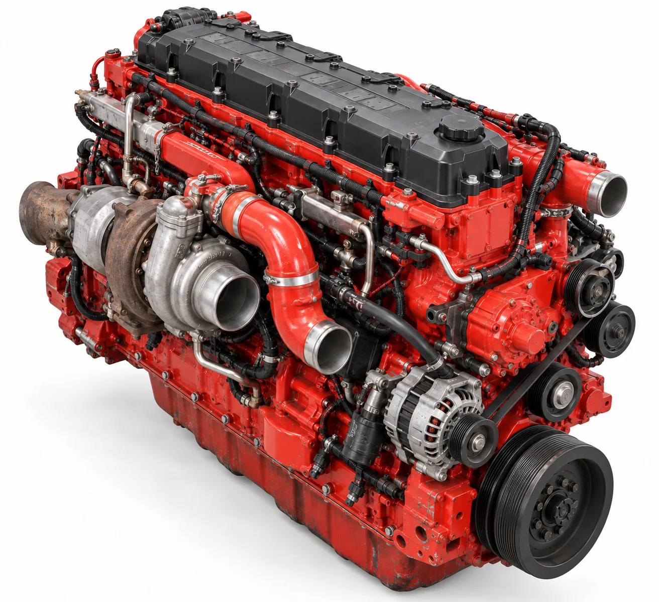 Image 4: AI-generated representative illustration of a used Cummins X15-style engine, elevated front view on white. Not the actual unit.