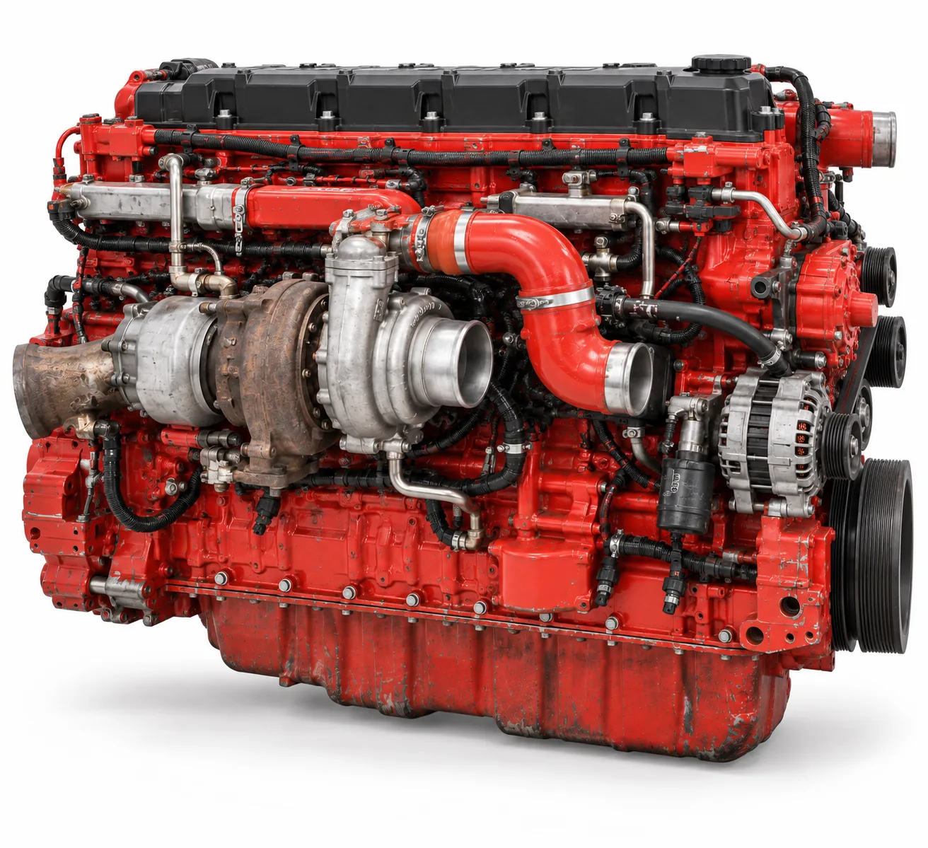 Image 2: AI-generated representative illustration of a used Cummins X15-style engine, side view on white. Not the actual unit.