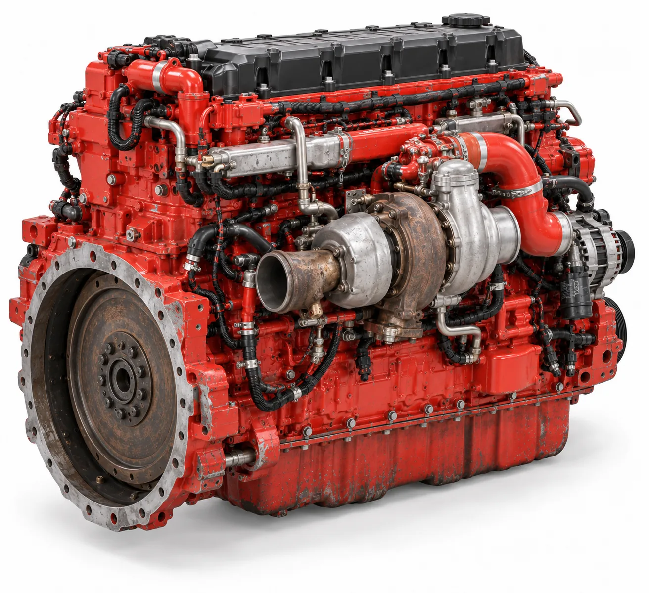 Image 3: AI-generated representative illustration of a used Cummins X15-style engine, rear flywheel-side view on white. Not the actual unit.