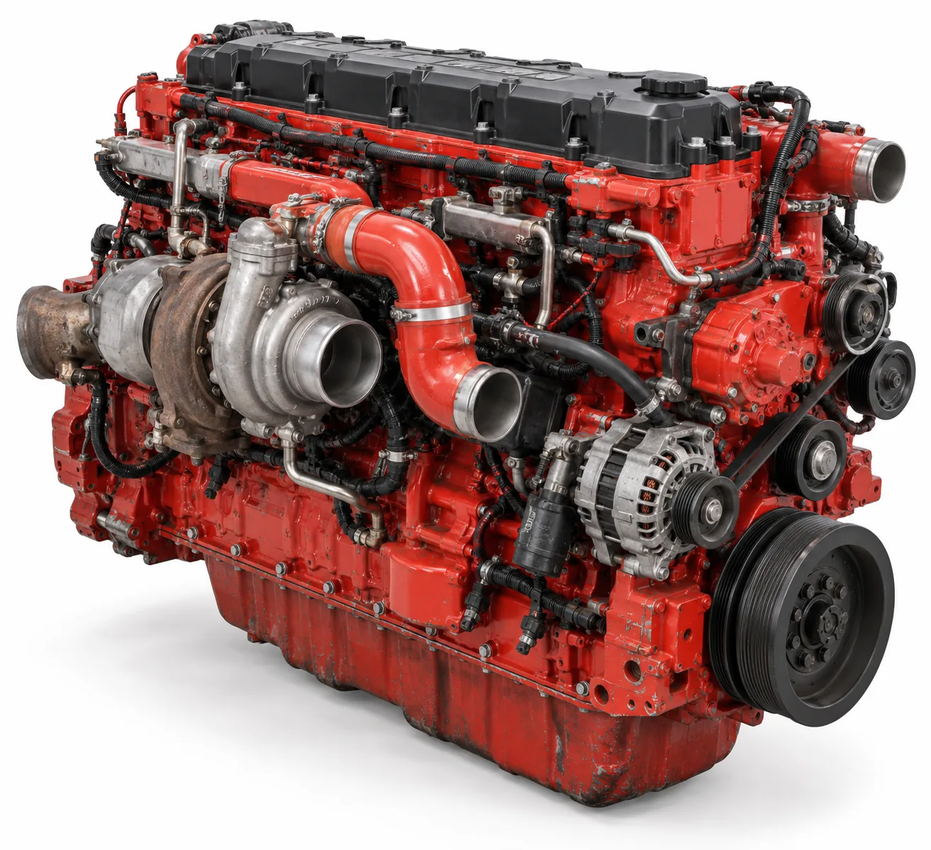 AI-generated representative illustration of a used Cummins X15-style engine, front three-quarter view on white. Not the actual unit.