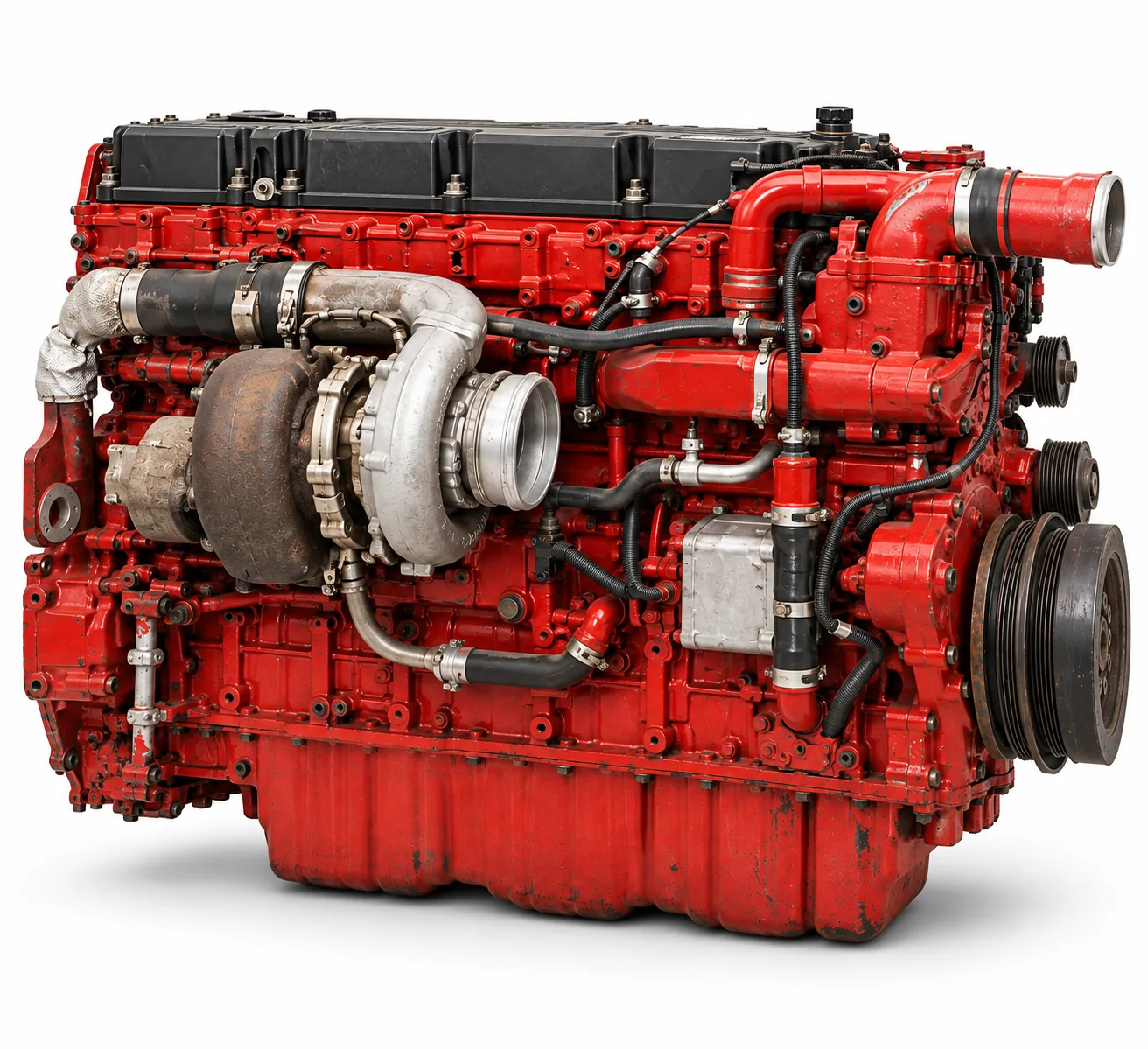 Image 2: AI-generated illustration of a used ISX15-style engine, side profile on white; not the actual unit.