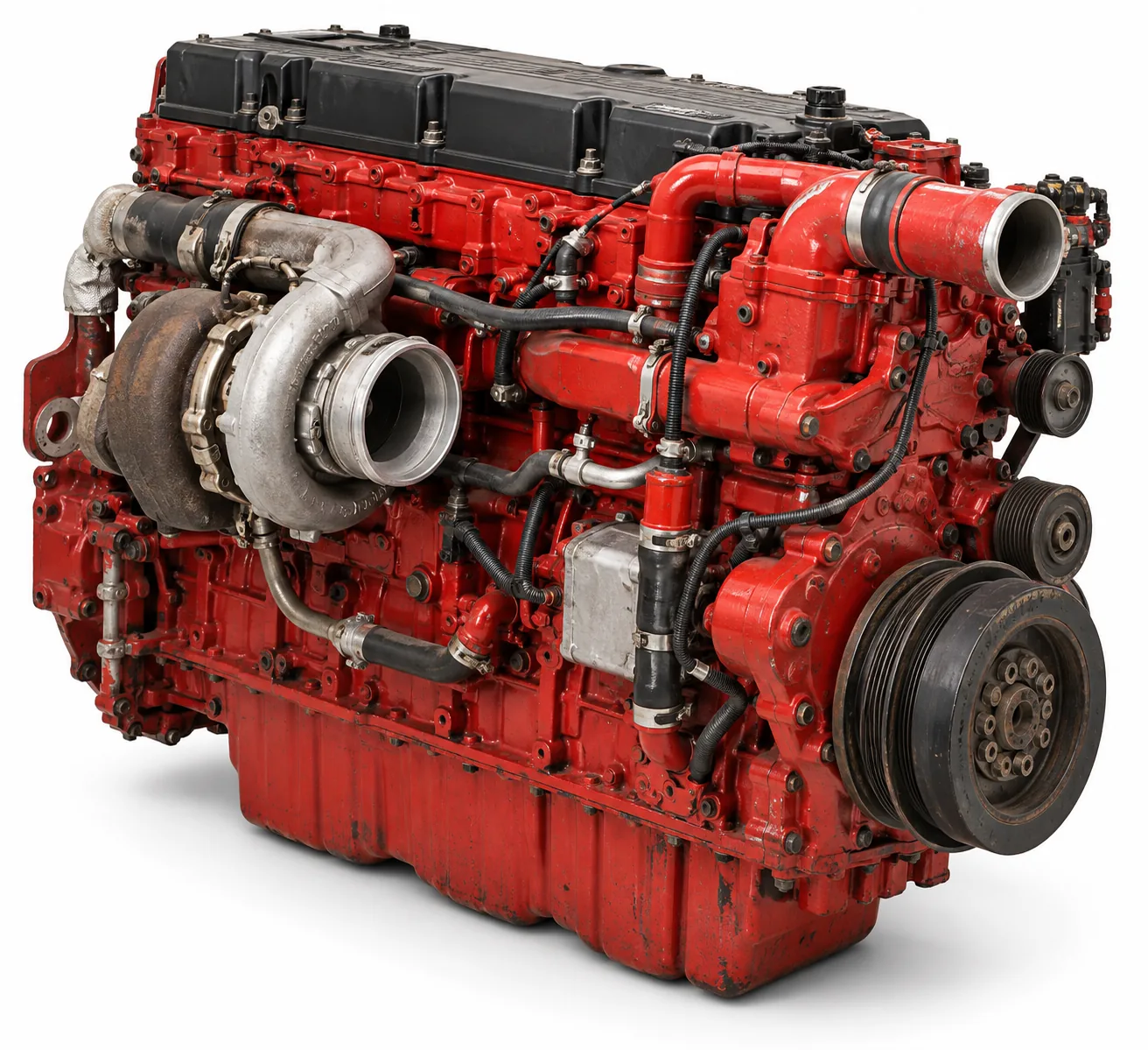 AI-generated illustration of a used ISX15-style engine, front three-quarter view on white; not the actual unit.