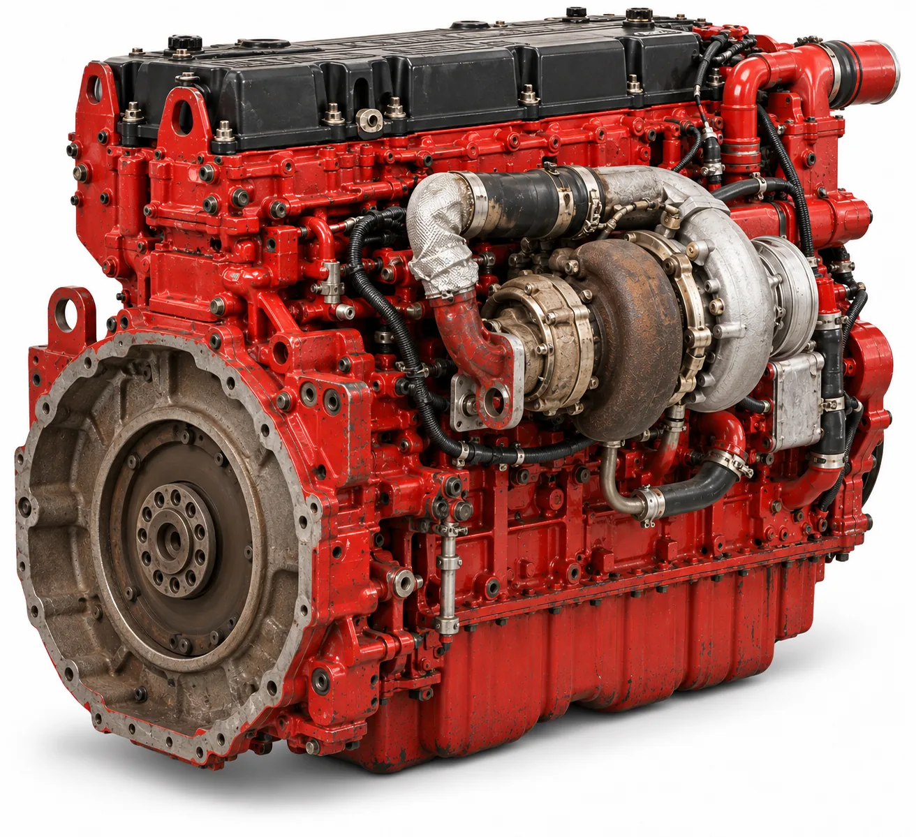 Image 3: AI-generated illustration of a used ISX15-style engine, rear flywheel-side view on white; not the actual unit.