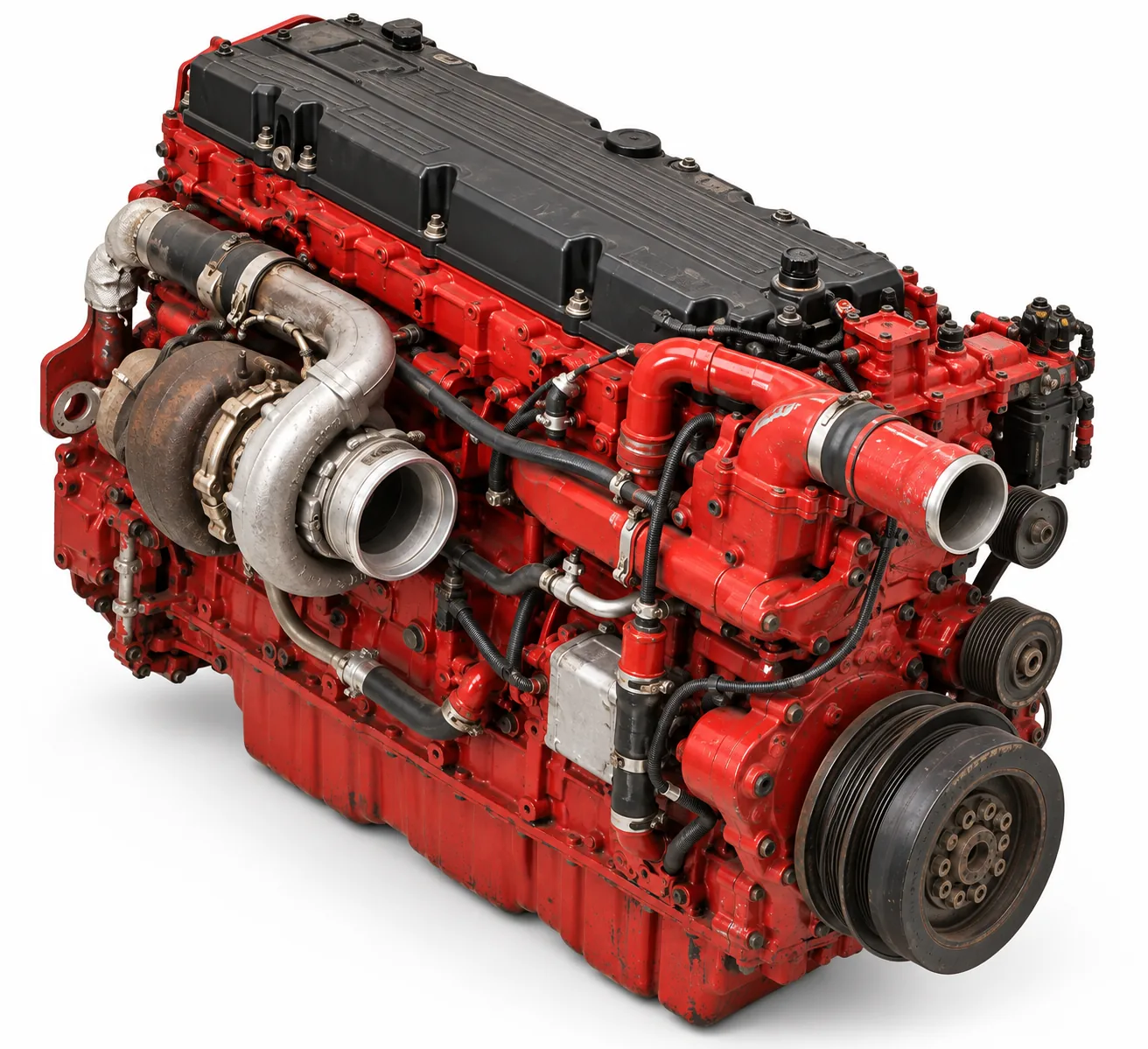 Image 4: AI-generated illustration of a used ISX15-style engine, elevated front view on white; not the actual unit.