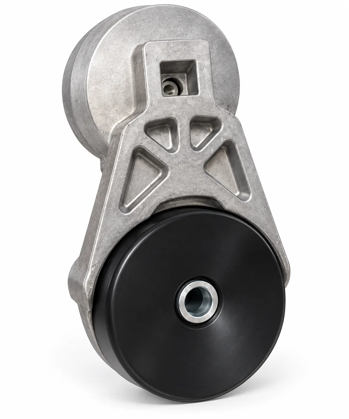 Image 2: AI-generated illustrative three-quarter view of a belt tensioner based on the shop photo; not a photo of the actual used unit.