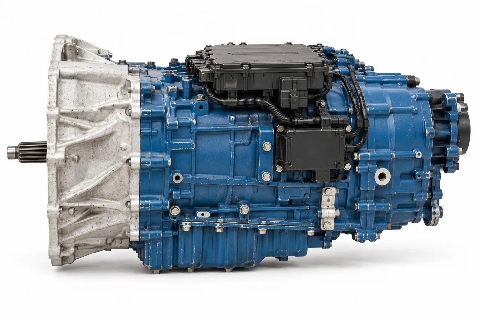 Image 2: AI-generated illustrative ATO2612D-style transmission, side profile on white; not the actual used unit.