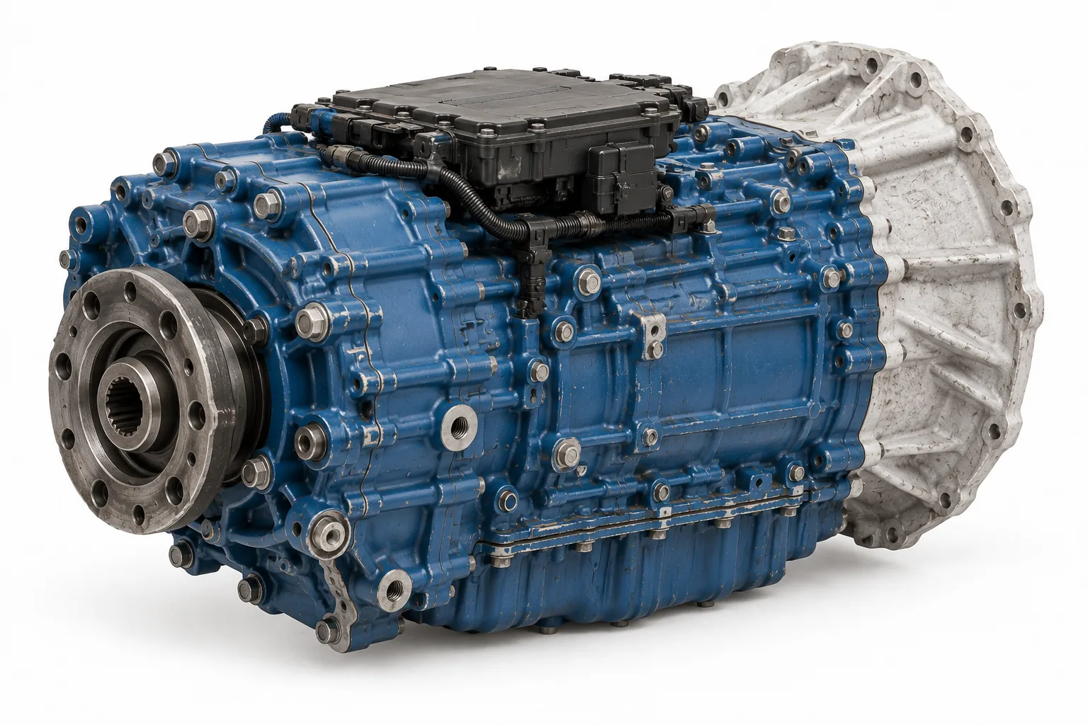 Image 3: AI-generated illustrative ATO2612D-style transmission, rear output view on white; not the actual used unit.