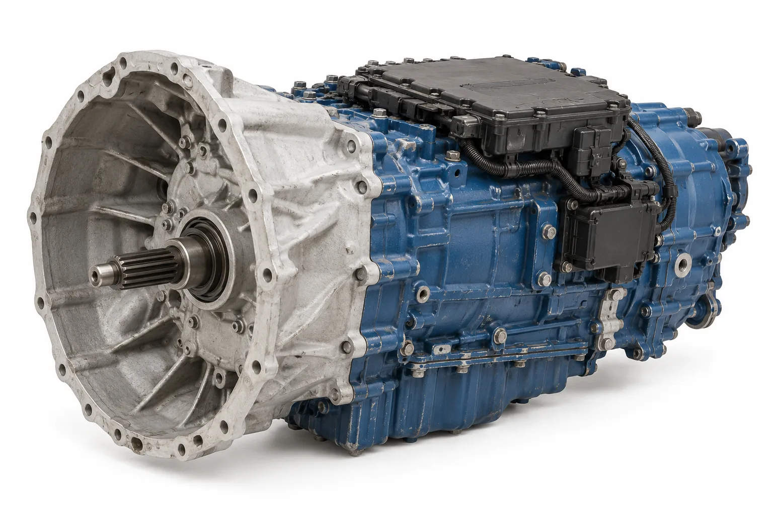 AI-generated illustrative ATO2612D-style transmission, front three-quarter view on white; not the actual used unit.