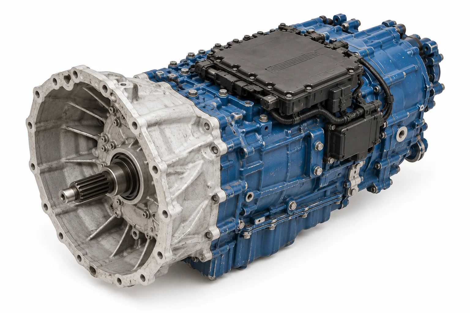 Image 4: AI-generated illustrative ATO2612D-style transmission, elevated front view on white; not the actual used unit.